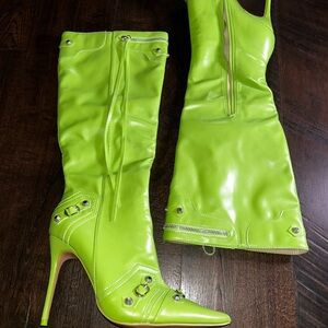 EGO Neon Lime Pointed Toe Buckle Mid-Calf Boots